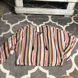 Maurices Blouse Womens XL White Red Boho Sheer Tassle Striped Flowy Top